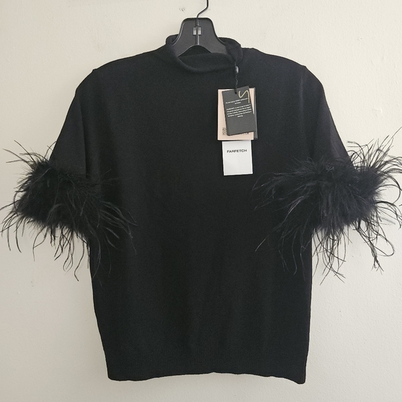 TWINSET MILANO MOCK NECK FEATHER SHORT SLEEVE BLACK SHIRT SIZE SMALL - Picture 5 of 15